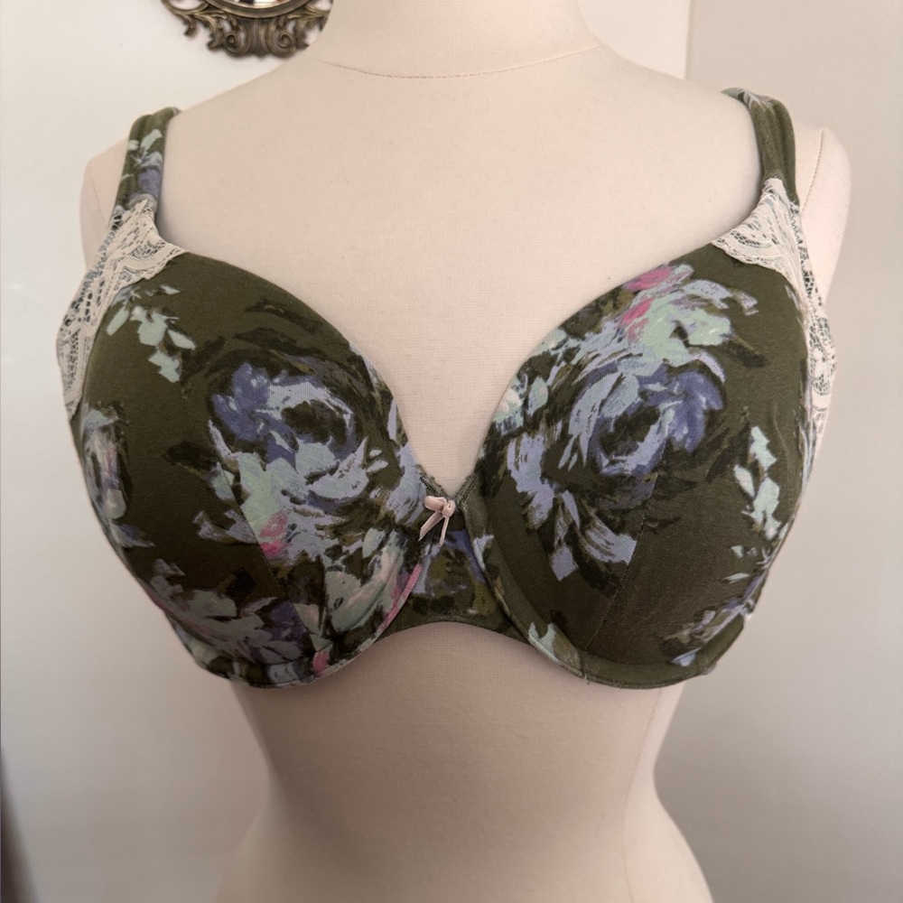 Cacique Lightly Lined T-Shirt Bra with a floral print and underwire molded cups.